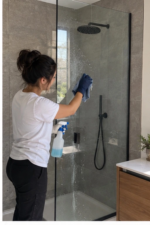 Cleaner wiping a glass shower